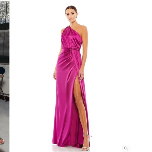 Mac Duggal 26654 Gathered One Shoulder Satin Faux Wrap Gown Dress - Picture 3 of 16